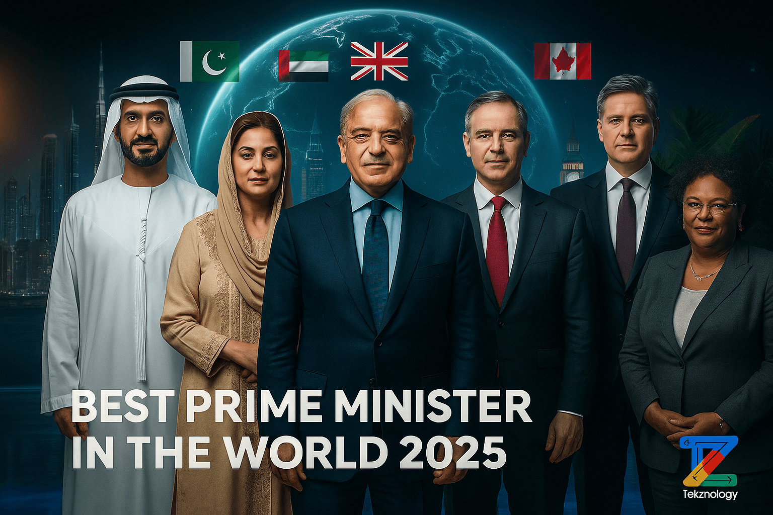 Editorial-style digital illustration representing the Best Prime Minister in the World 2025 with futuristic leader silhouettes, glowing Earth, and flags of Pakistan, UAE, UK, Canada, and Barbados — perfect visual for TekZnology’s global leadership coverage.