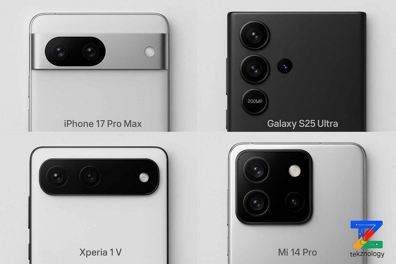 Close-up of iPhone 17 Pro Max, Galaxy S25 Ultra, Pixel 10 Pro, Xperia 1 V, Mi 14 Pro camera modules
