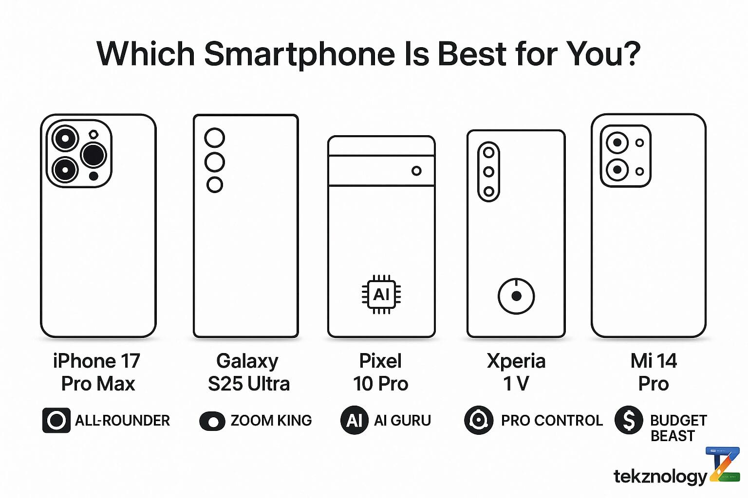Which Smartphone Is Best for You? Comparison infographic of iPhone 17 Pro Max, Galaxy S25 Ultra, Pixel 10 Pro, Xperia 1 V, Xiaomi Mi 14 Pro