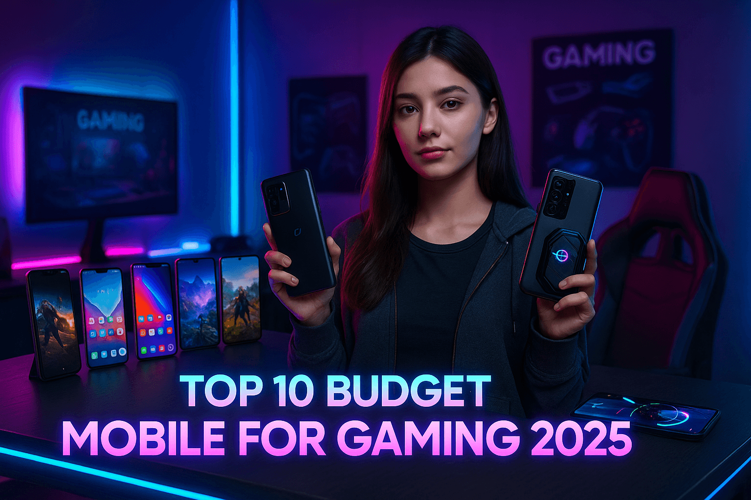 A boy holding two gaming smartphones in a modern RGB gaming room with multiple budget gaming phones on the desk and a glowing 3D text that reads ‘Top 10 Budget Mobile for Gaming 2025
