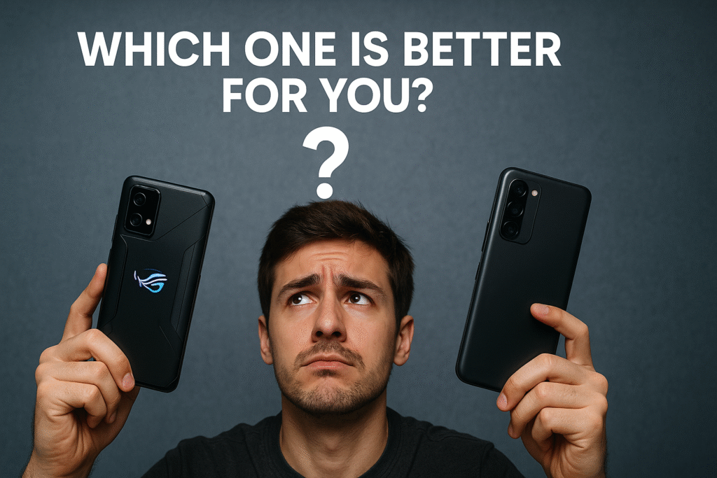 Young man comparing Top 10 Budget Mobile for Gaming 2025 phones in a modern tech room with screens glowing