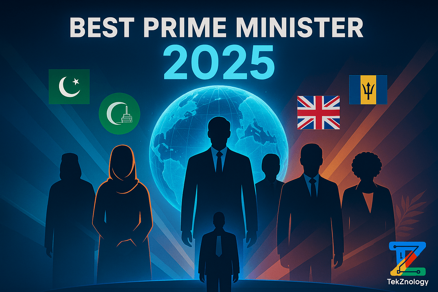 Futuristic landscape artwork for Best Prime Minister in the World 2025 featuring leader silhouettes, a glowing Earth, national flags of Pakistan, UAE, UK, Canada, Barbados, and TekZnology branding in a cinematic global unity theme.