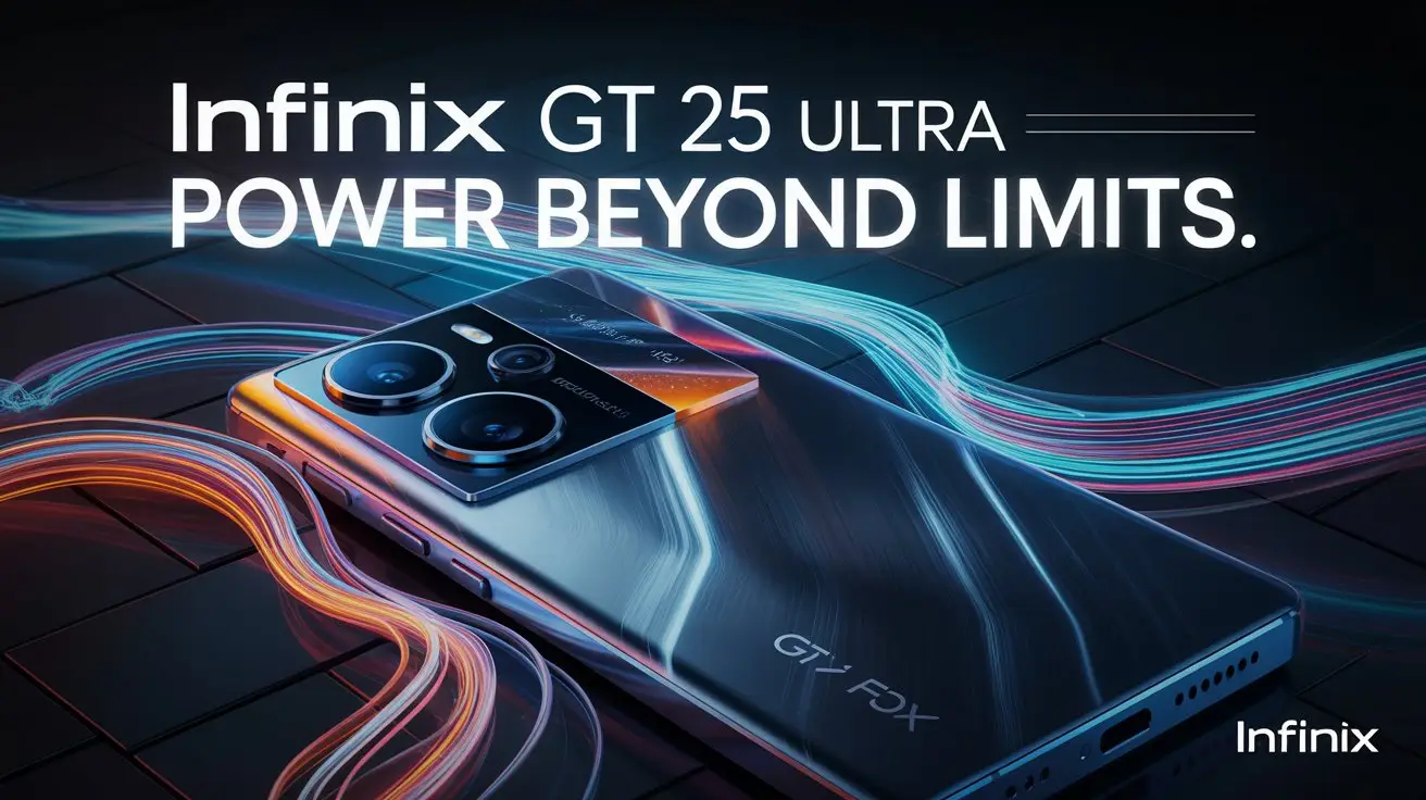 Infinix GT 25 Ultra above a neon-lit cityscape showcasing its flagship design and bold colors