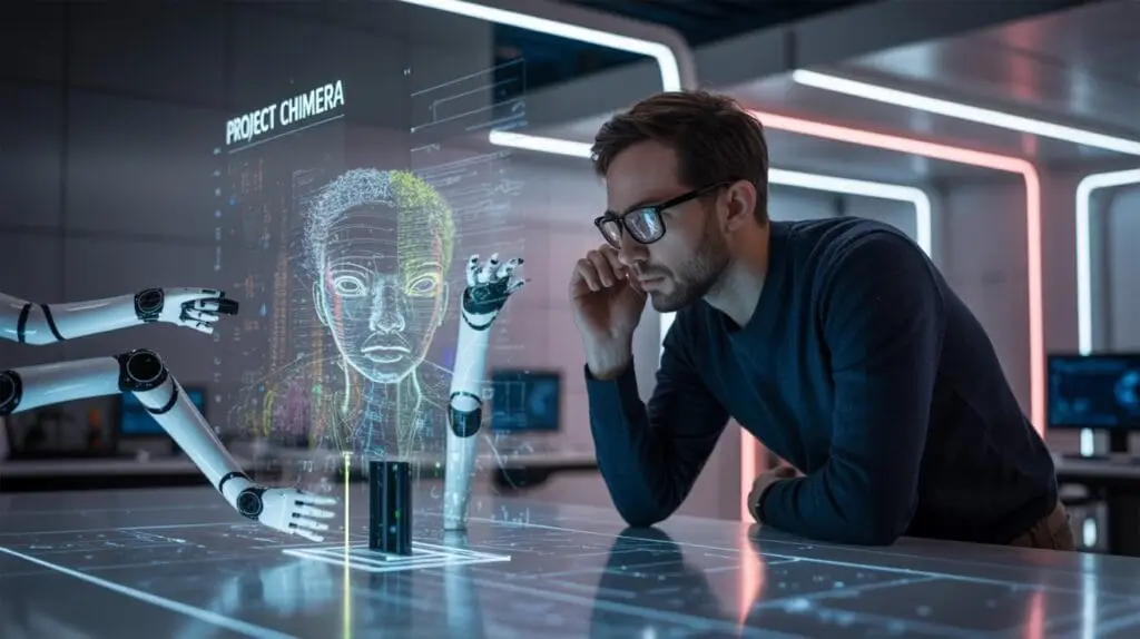 Ai tools 2025 futuristic AI-powered office with virtual assistants and holographic displays — AI work environment 2025