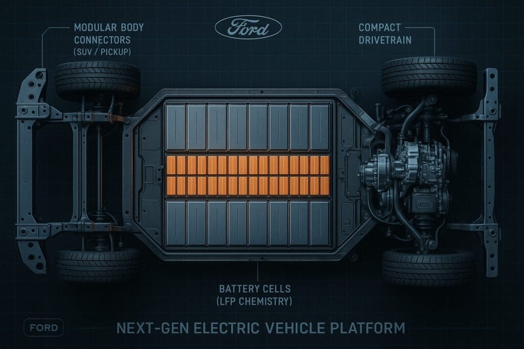 Top-down view of Ford’s modular electric platform with batteries and compact components.