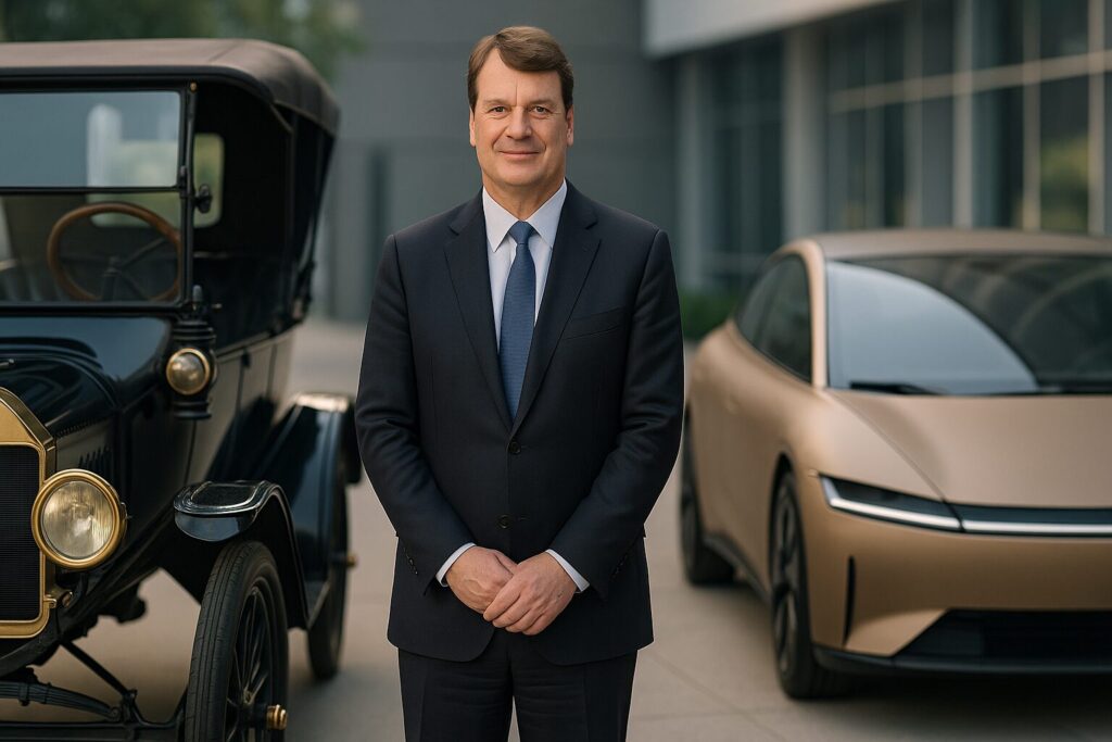 Ford CEO Jim Farley standing between classic Model T and new electric concept car.