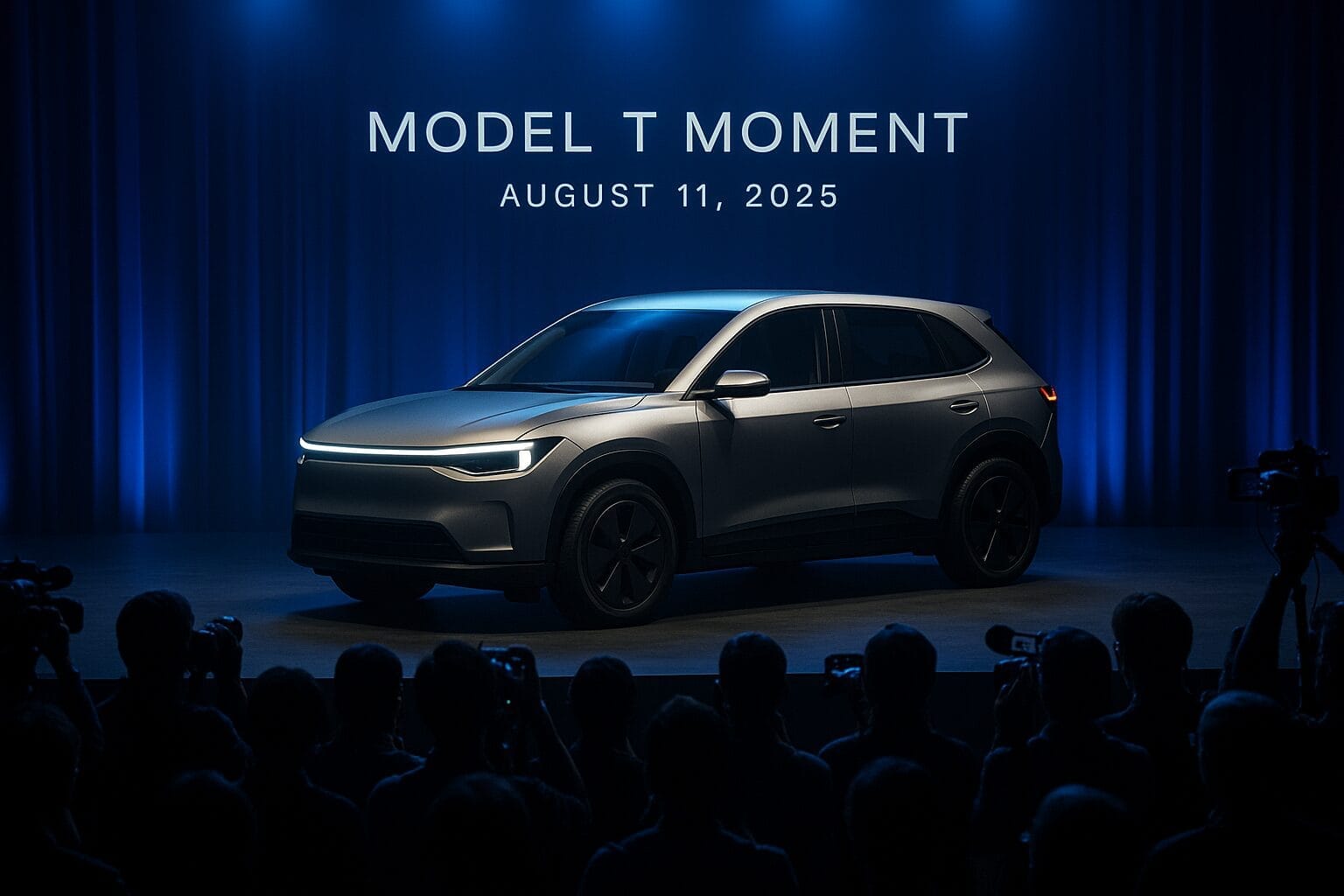 Ford’s new affordable EV revealed on stage in front of press and spotlight. Ford's Model T