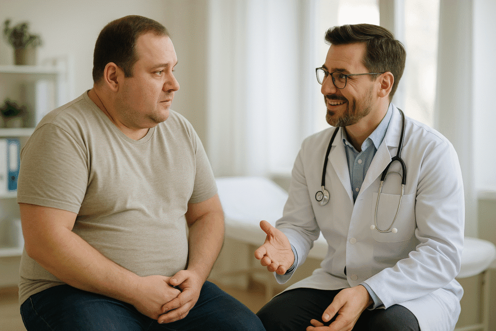 Doctor explaining Ozempic and Wegovy to a patient, discussing testosterone and weight loss benefits of GLP-1 drugs.