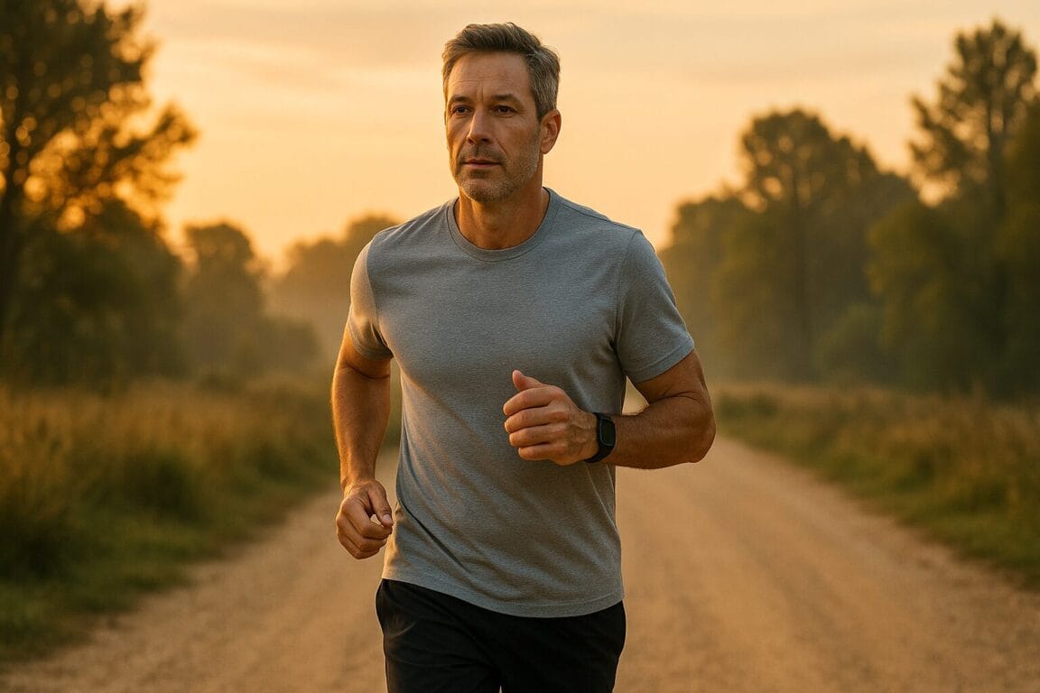 Man jogging at sunrise with Ozempic and Wegovy visible on gym bag, symbolizing improved testosterone and energy after GLP-1 treatment.