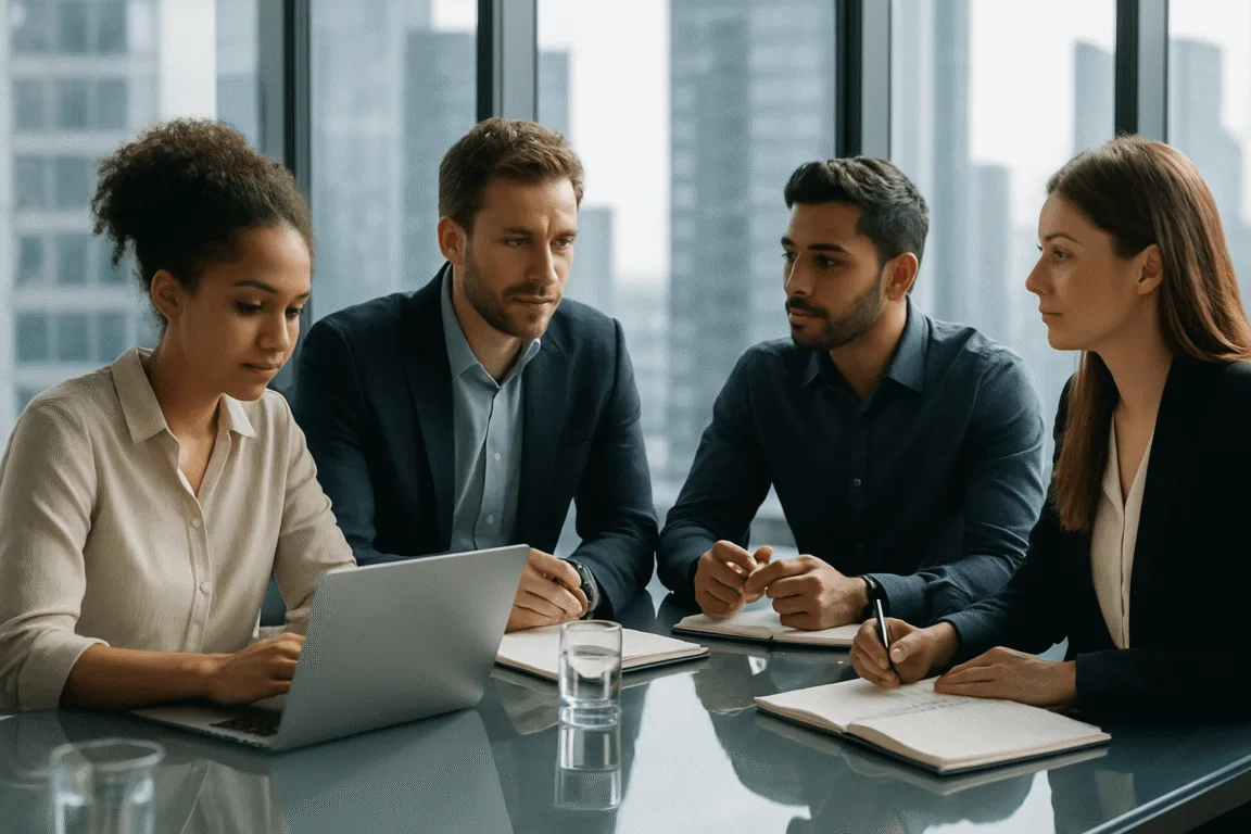 Diverse professionals collaborating around a glass conference table in a modern office