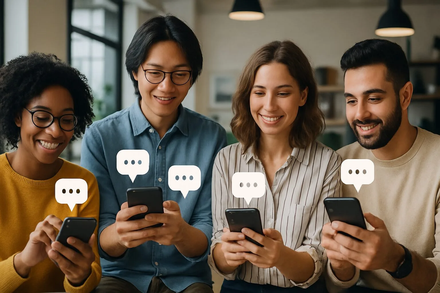 Diverse individuals engaged in online discussions using mobile devices in a contemporary workspace