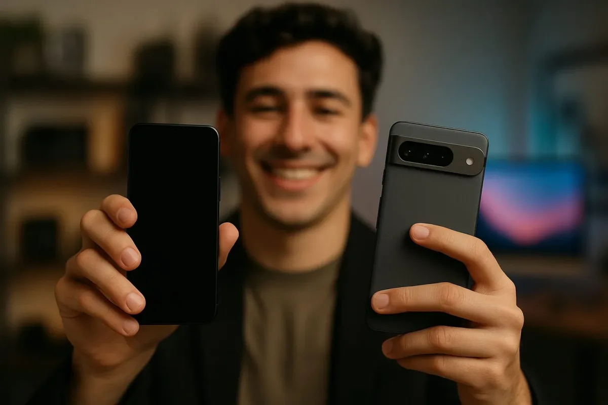 Google Pixel 10 smartphones, showing the front display and rear camera bar design, in a cozy tech workspace.
