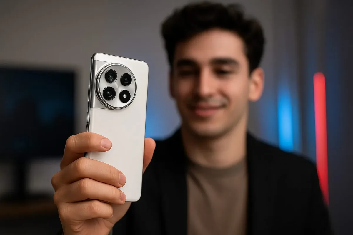 Man holding OnePlus 15 smartphone with green finish in a modern tech studio setting