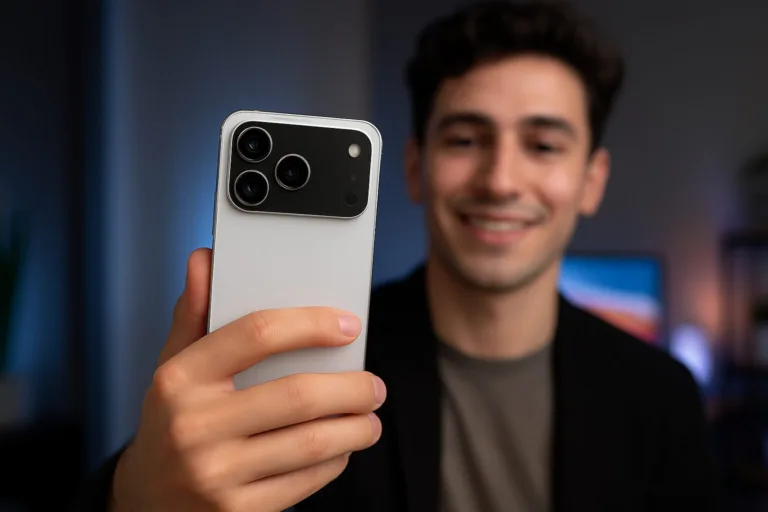 Real person unlocking iPhone 17 with Face ID during subway commute