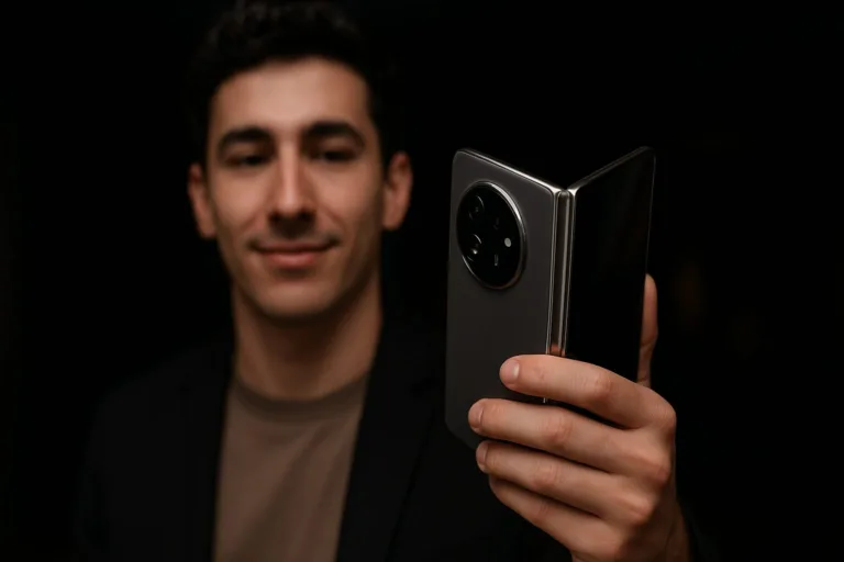Honor Magic V5 held by author, showing folded back and display.