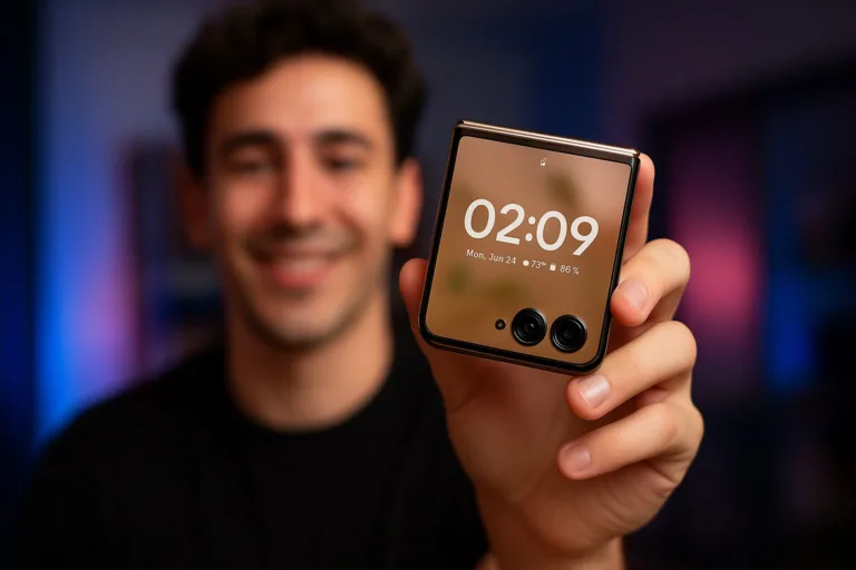 Author holding Motorola Razr+ 2025 foldable phone outer display and design