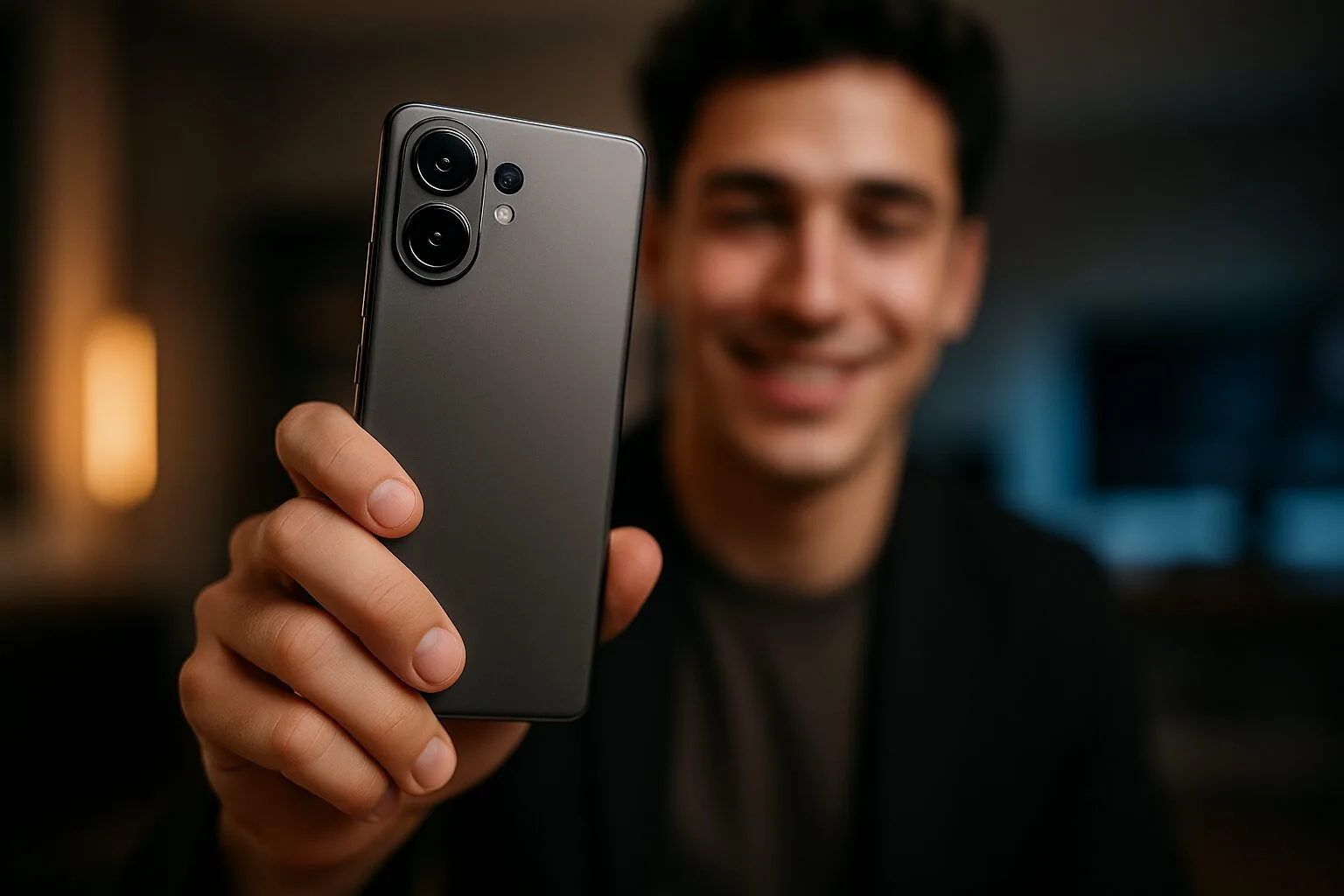 Person holding Vivo V60 5G showing its rear dual camera design