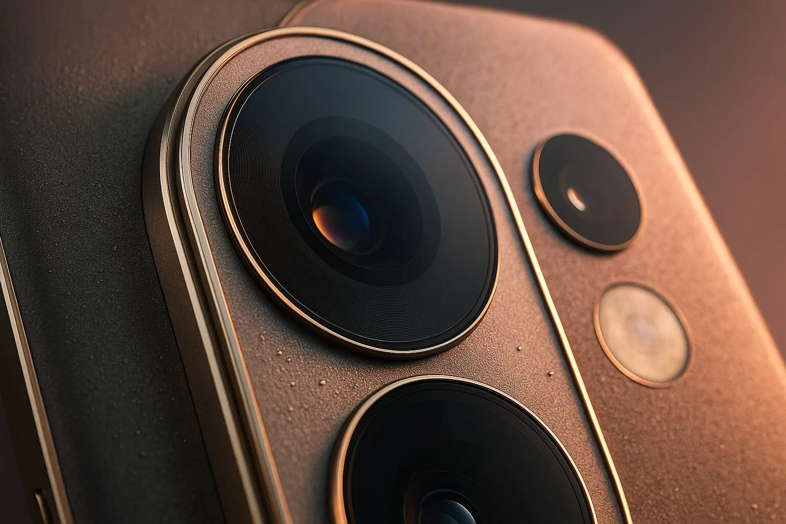 Close-up shot of smartphone triple camera module with premium gold finish