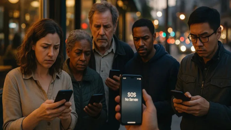 People on a busy city street checking smartphones showing SOS and no service during Verizon outage