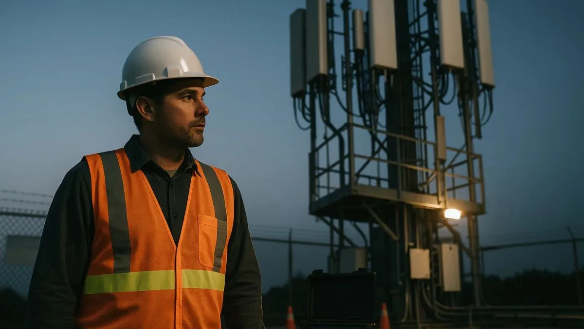 Telecom technician inspecting a cell tower at dusk after Verizon network outage