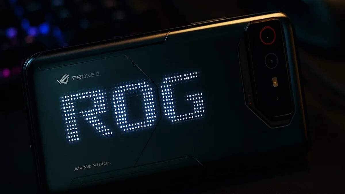 Back of ROG Phone 9 with dot-matrix ROG logo illuminated
