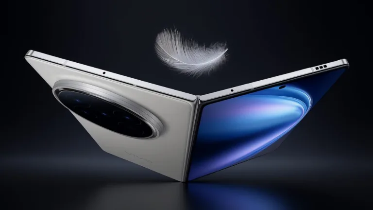 vivo X Fold5 open in Titanium Gray with feather representing lightweight design.