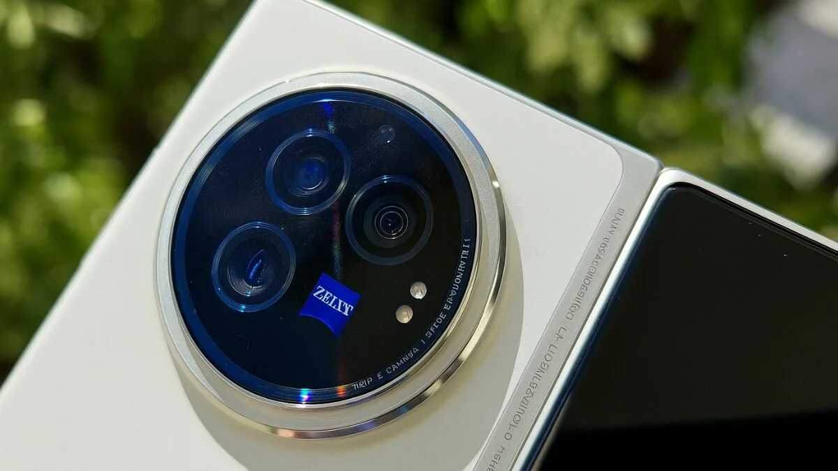 Close-up of vivo X Fold5 ZEISS triple camera module with T* coating