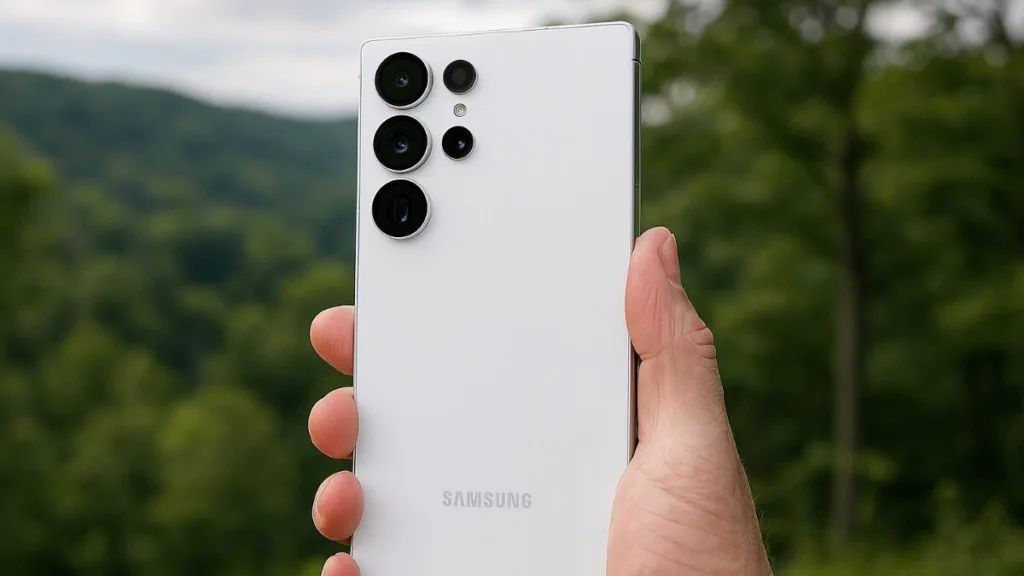 Rear view of the Samsung Galaxy S26 Ultra-style phone showing triple circular camera lenses on a matte surface, studio lighting, no logos.