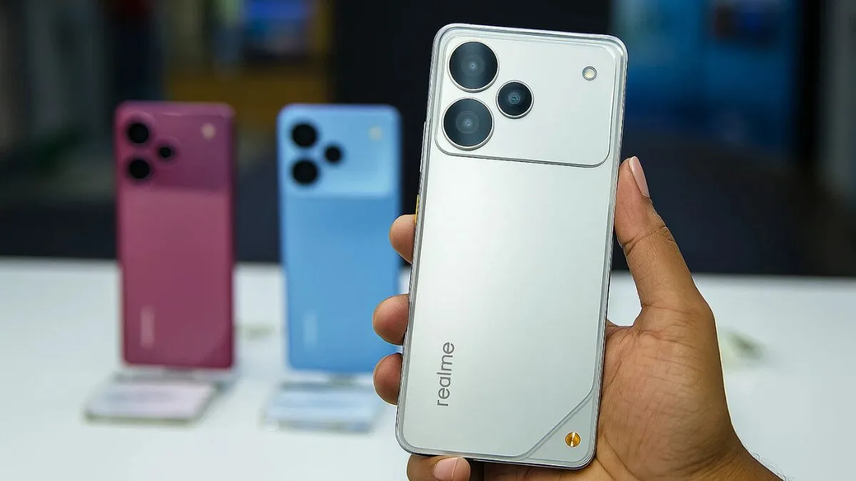 Realme P4 held in hand with blurred showroom background — 144Hz AMOLED display and camera module visible.