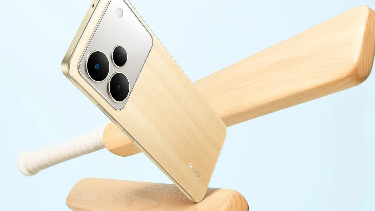 Realme P4 floating studio shot on wooden props highlighting color and camera layout — launch Aug 20.