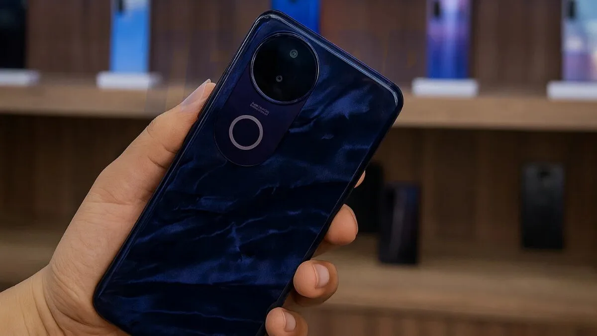 Vivo T4R placed on a wooden desk beside notebook and coffee mug, featuring its slim profile and curved display, without visible logos.