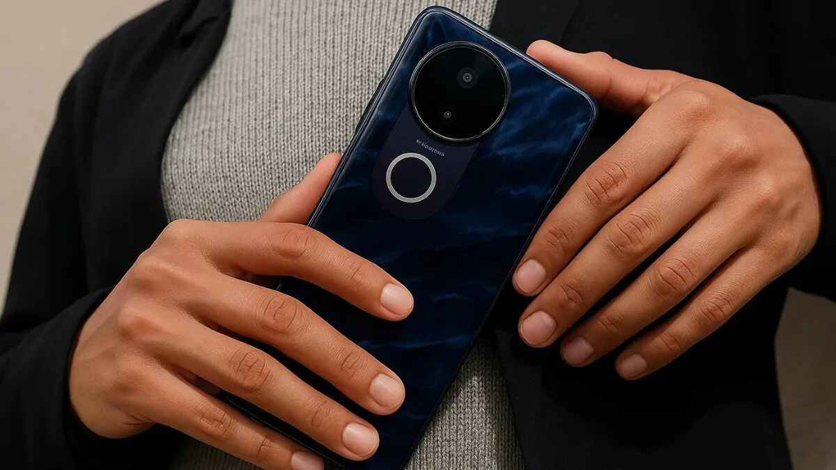 Person holding Vivo T4R with quad-curved AMOLED screen visible under natural daylight, showing display brightness and slim profile