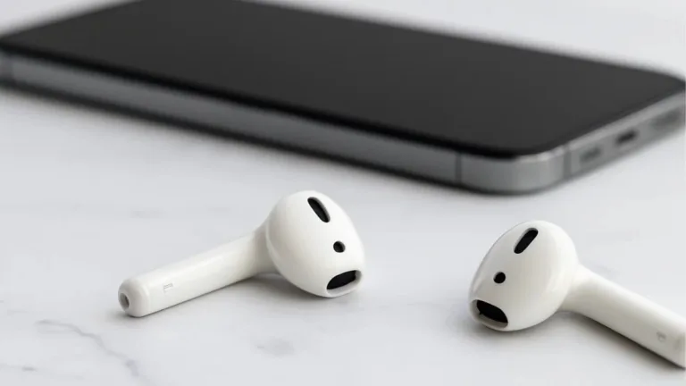 AirPods beta firmware shown with wireless earbuds beside a smartphone on a white marble surface