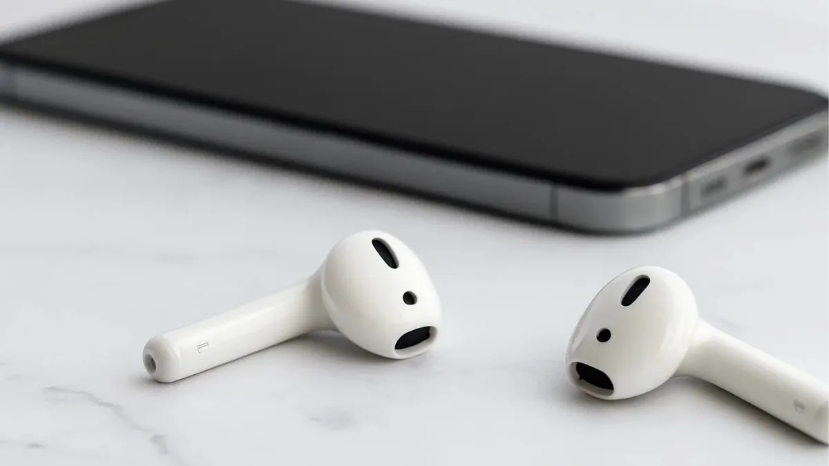 AirPods beta firmware shown with wireless earbuds beside a smartphone on a white marble surface