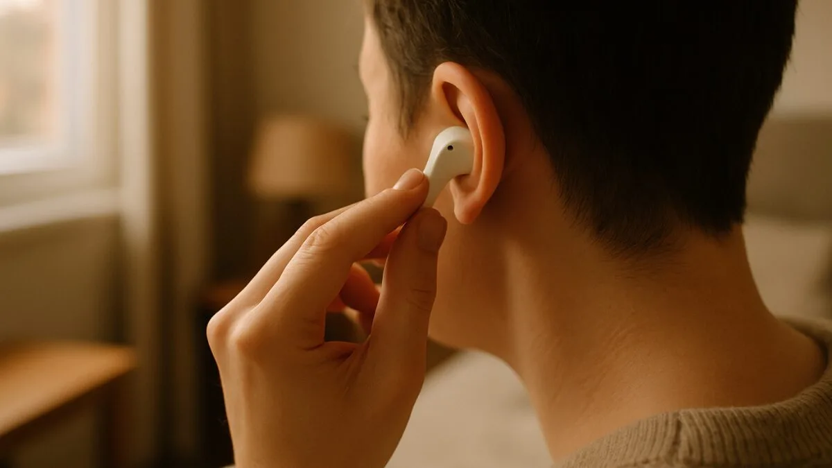 Hand holding wireless earbuds near the ear in warm indoor light during AirPods beta firmware testing