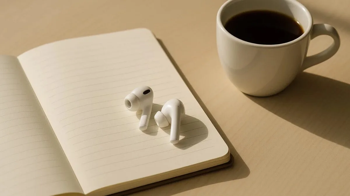 Wireless earbuds on an open notebook beside a coffee cup, showing a lifestyle scene for AirPods beta firmware