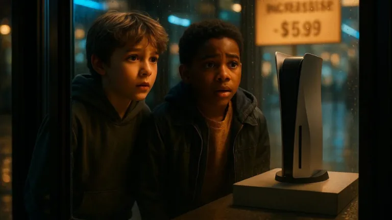 Two kids looking through a store window at a PlayStation 5 console, reflecting the PS5 price increase in August 2025.