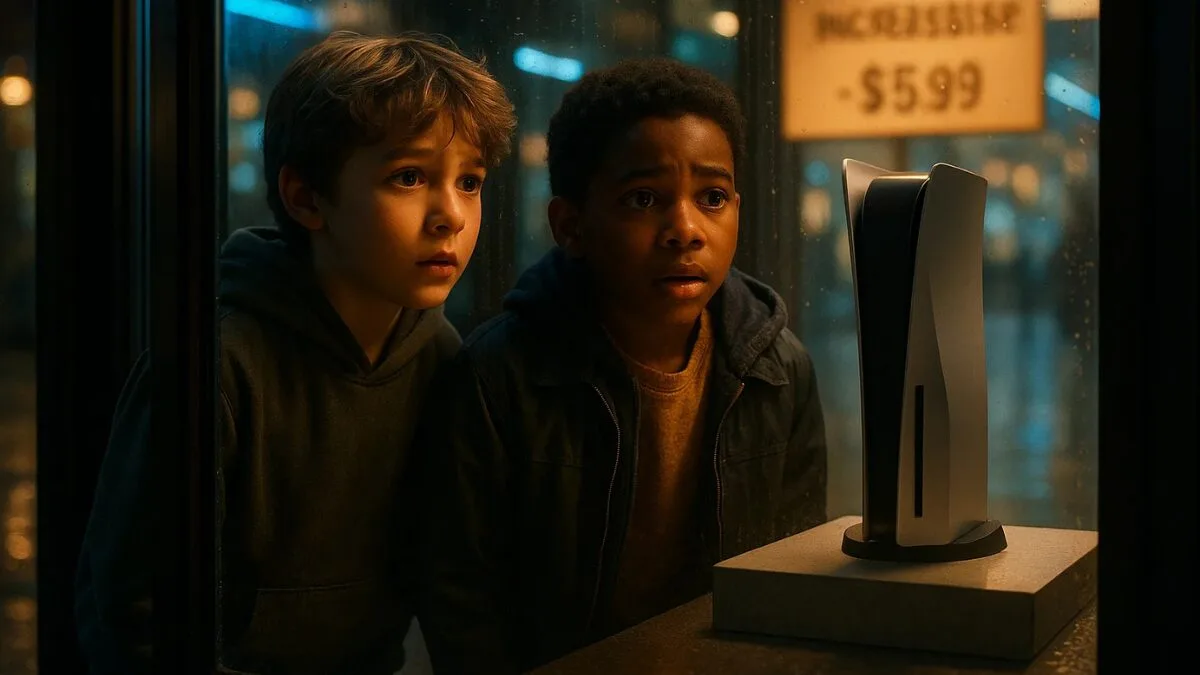 Two kids looking through a store window at a PlayStation 5 console, reflecting the PS5 price increase in August 2025.