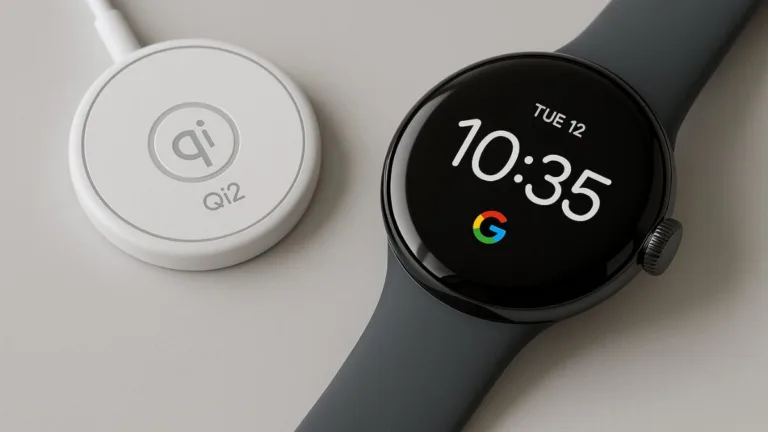 Pixel Watch 4 mockup on charging pad — Wear OS 6 and Gemini assistant (Made by Google Aug 20, 2025)
