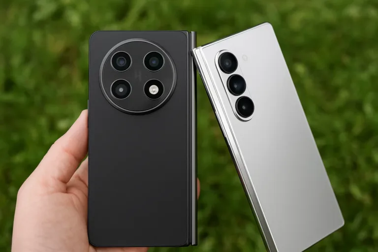 Foldable phones 2025 hero image with two foldable smartphones , photography on grass