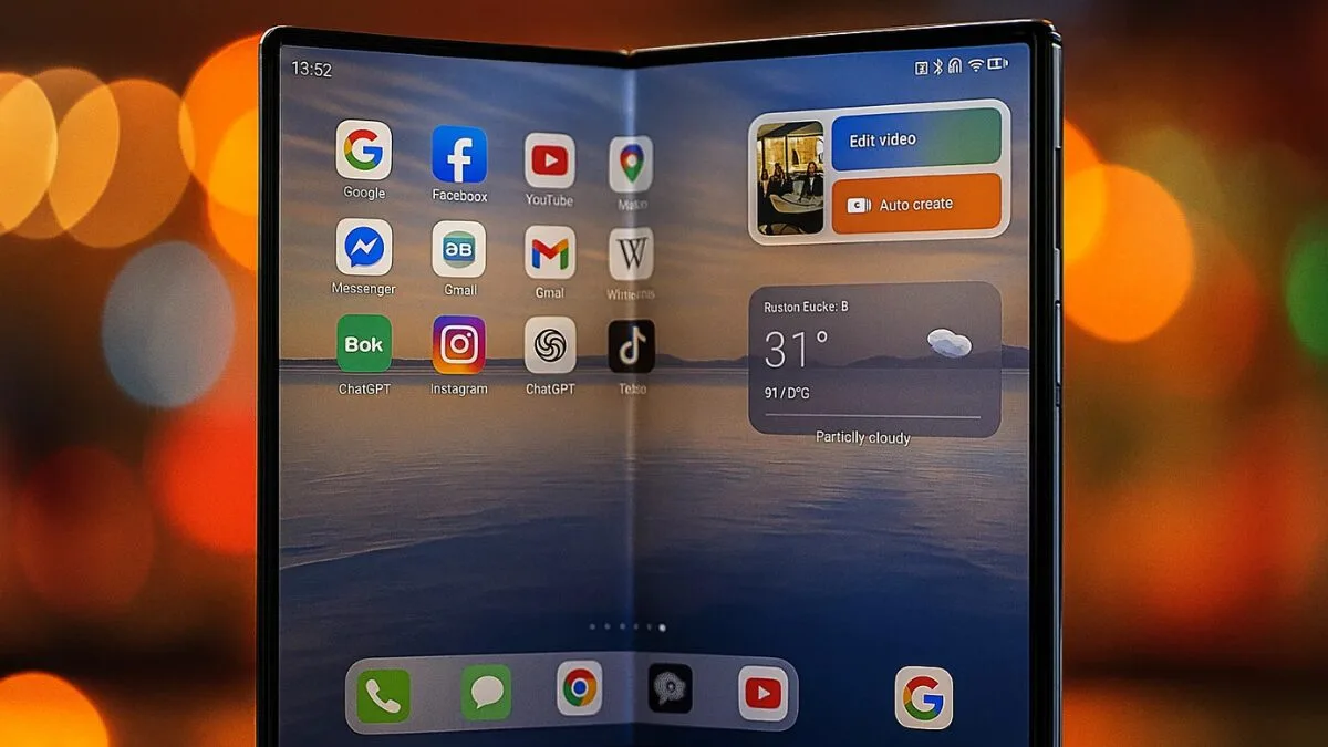 Huawei Mate XT 2 rumors unfolded on wooden desk in tablet mode with coffee cup and notebook, showing everyday use without visible logos.