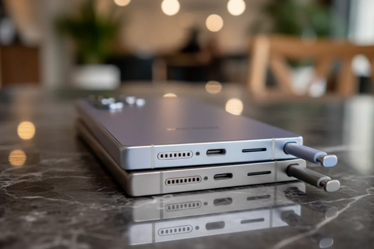 Two smartphones with stylus on table